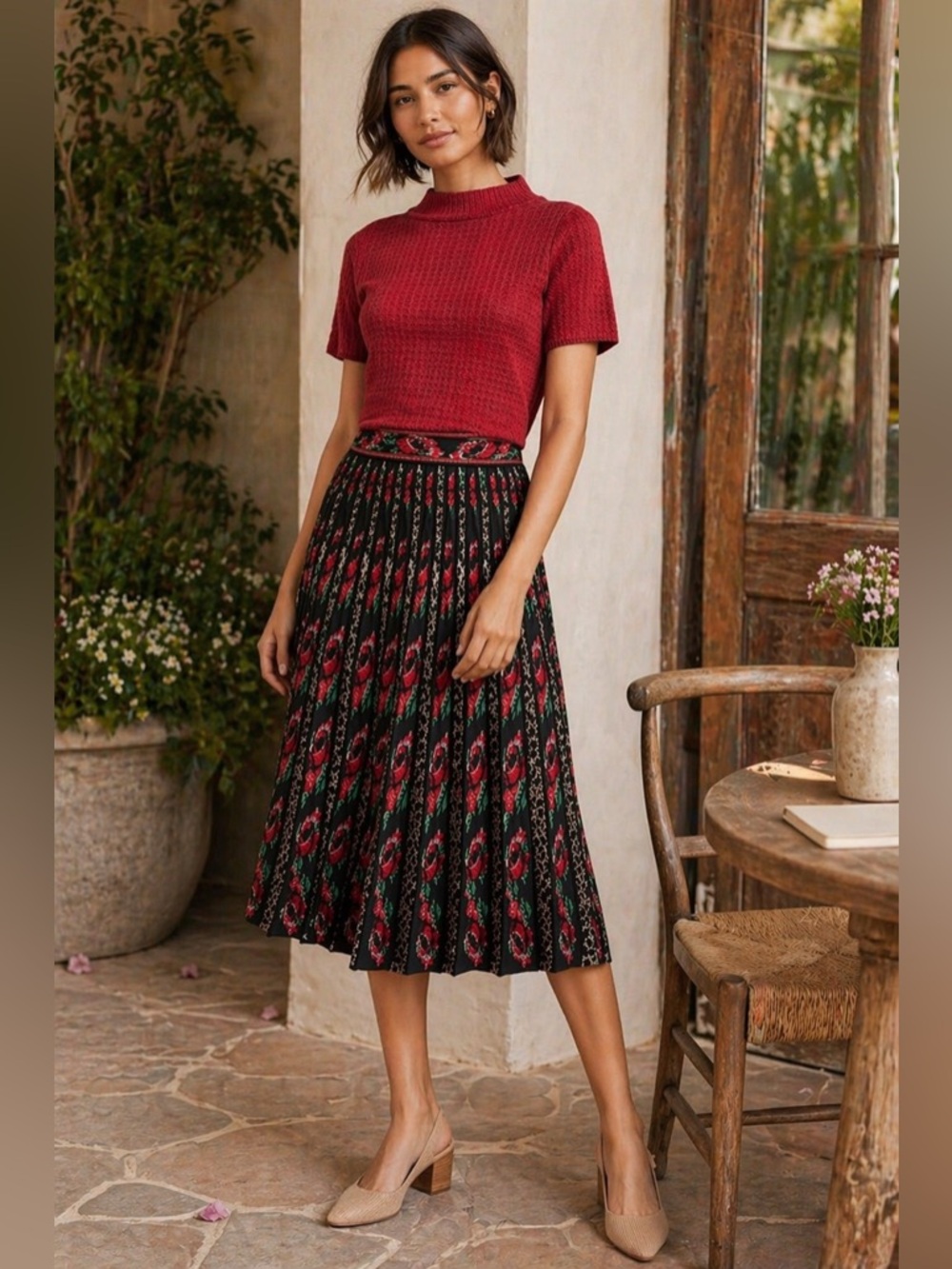 CECILIA PRADO Black Red Roselle Floral Sweater Midi Skirt A-Line Boho Romantic